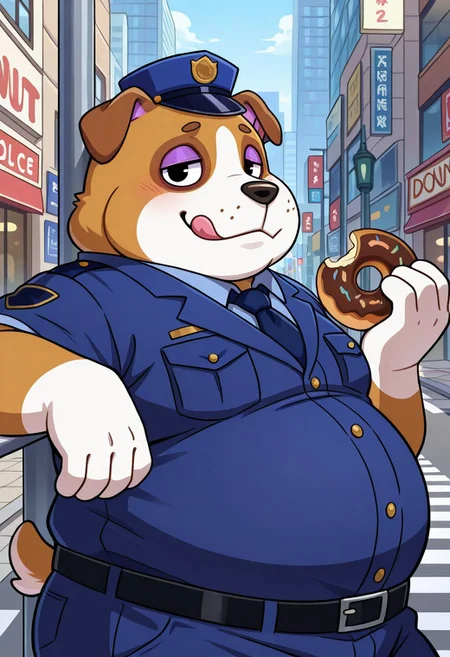 anthro dog, brown body/fur, male, solo, purple eyelids, two tone fur, floppy ears, jowls, white muzzle, black nose, chubby, big belly, fat, purple inner ears, black eyes, short tail, police uniform, navy blue outfit, police hat, belt, formal attire, BREAK outside, street, eating donut, holding donut, biting donut, licking lips, urban setting, city street, streetlights, crosswalk, leaning on pole, one arm resting, casual stance, standing, relaxed pose, detail background, looking at viewer, ((close up, upper body))