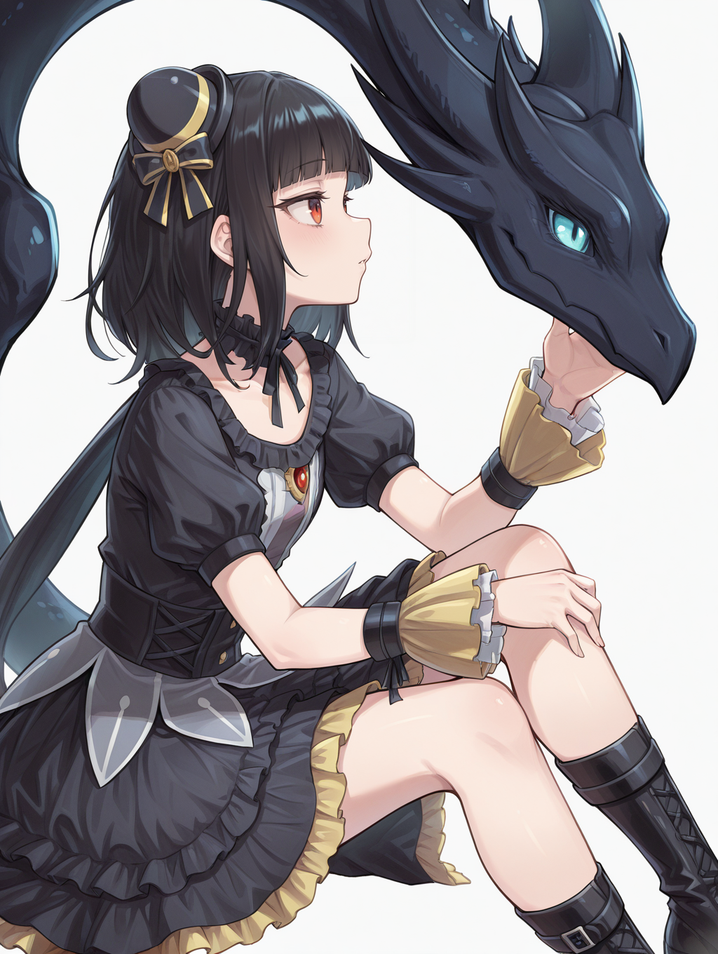 blunt bangs,moon of the closed heaven,1girl,solo,sitting,from side,looking at another,simple background,white background,black knee boots,black frilled choker,black mini hat,black princess dress,yellow wrist cuffs,black dragon,1other,
masterpiece,best quality,amazing quality,very aesthetic,apussbsurdres,newest,<lora:Moon of the Closed Heaven illuXL v1.1:0.72>,