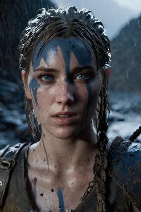 <lora:Ellie_last_of_us_ll_101:0.75> ellie101 cinematic photo Close-up in Hellblade: Senua's Sacrifice, emerging from black mud, long hair with dreads, war blue paint, paint fading, angry expression, dirty face, finely detailed eyes, moody, Viking clothes, epic scene, epic composition, Photography, Cinematic Lighting, Volumetric Lighting, ethereal light, intricate details, extremely detailed volumetric rays 35mm photograph, film, bokeh, professional, 4k, highly detailed . Eerie, unsettling, dark, spooky, suspenseful, grim, highly detailed