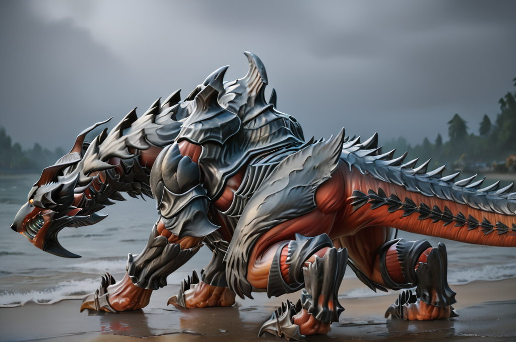 source_furry, score_9, score_8_up, score_7_up, (cerberus_xv, monster, feral), orange skin, detailed skin, armored, (((((three heads))))), yellow eyes, glowing eyes, detailed eyes, sharp teeth, claws, tail, <lora:FF_CerberusPony10:0.9>, outdoors, beach, from behind, from side, all fours, look at ocean, cloudy, rainy, stormy, lightning in background, zPDXL2, zPDXLpg, zPDXLrl, shaded, best quality, highly detailed, extreme detail, photorealistic