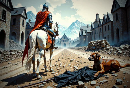 A candid, photographic, hyper-realistic, 4k, realistic photograph, properly lit, vibrant image of a knight in silver armor wearing a red cloak, riding a white horse, accompanied by a brown hound, find a black flag, ripped and torn, dirty and muddy, lying on the ground at the town square of a barren, lifeless medieval village that has been ravaged, and burnt to the ground. The village smokes in the distance.
