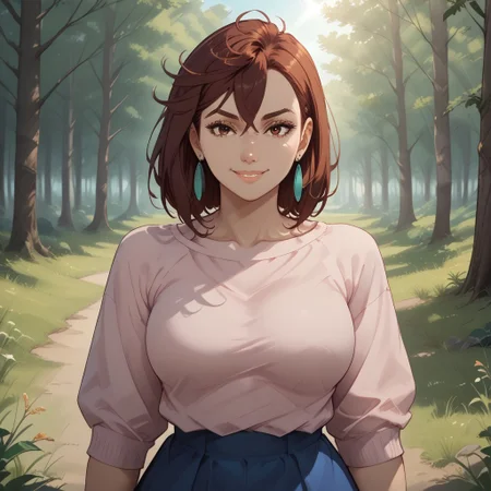 score_9, score_8, BREAK, solo, Momo Ayase, Dandadan, Burgundy eyes, Green earrings, Pink shirt, Blue skirt, adult female, mature female, breasts, sexy pose, self portrait, smile, outdoors, sunlight, shadows, evening lighting, natural lighting, forest, trees, grass, orange sky, sunset