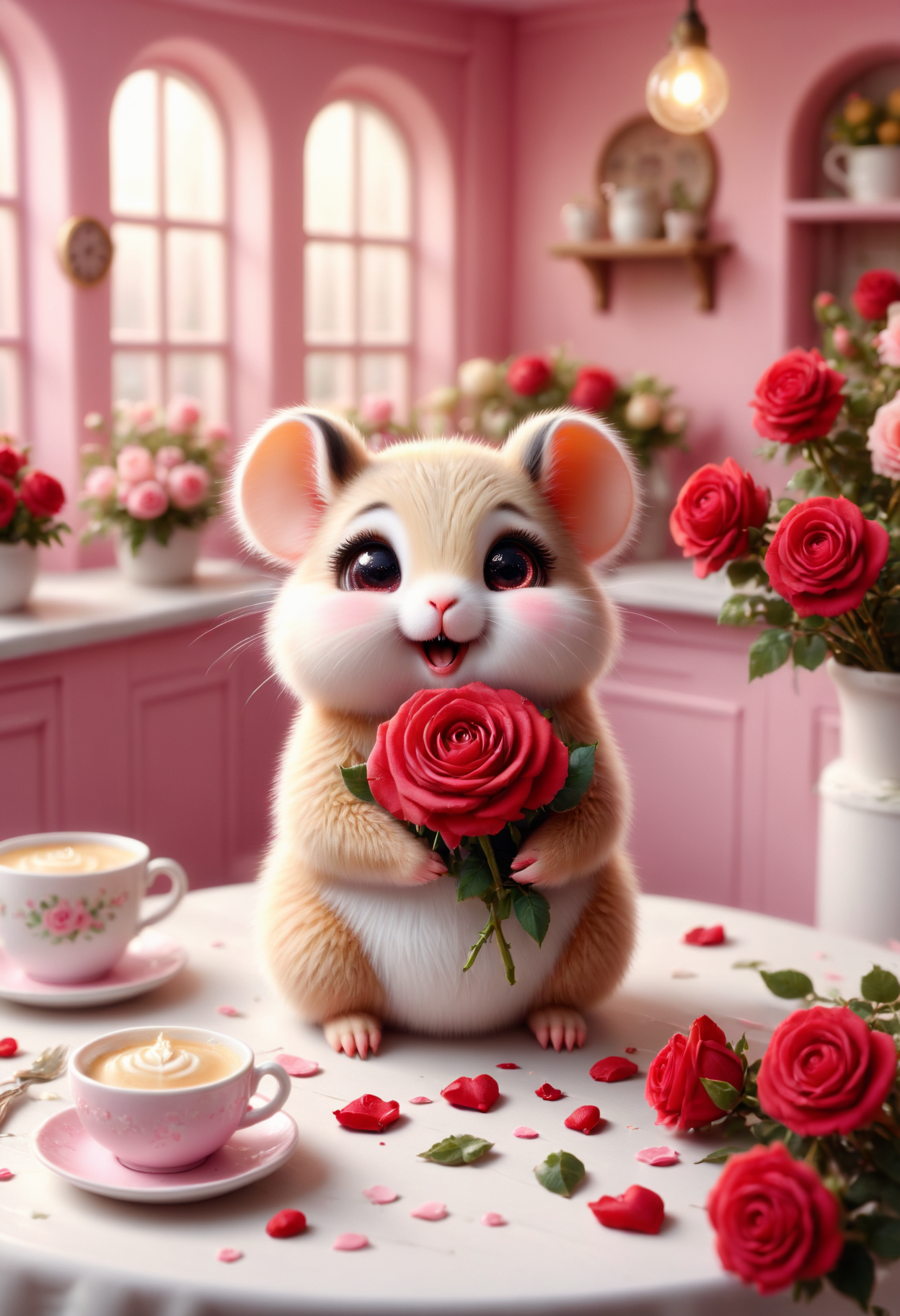 A round chibi hamster holding a single red rose, sitting inside a teacup on a table with lace and a vase full of roses. Soft sunlight streams through a window behind it. (incredibly absurdres, ultra-detailed, CG, unity, 8k wallpaper), (masterpiece), pinkchibivalentine, <lora:PinkieChibiValentineSDXL:1>,