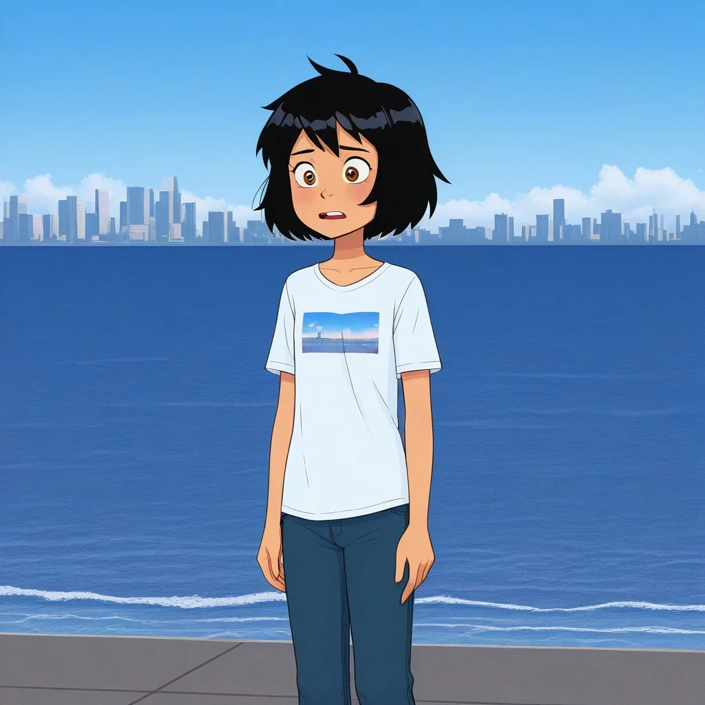 PeniP, black hair, short hair, brown eyes, Triplevexx Style, 1girl, solo.
blue sky.
random shirt, random pants.
city random, ocean, standing.
very aesthetic, best quality, high resolution, ultra detailed, perfect details.
looking, amazed.