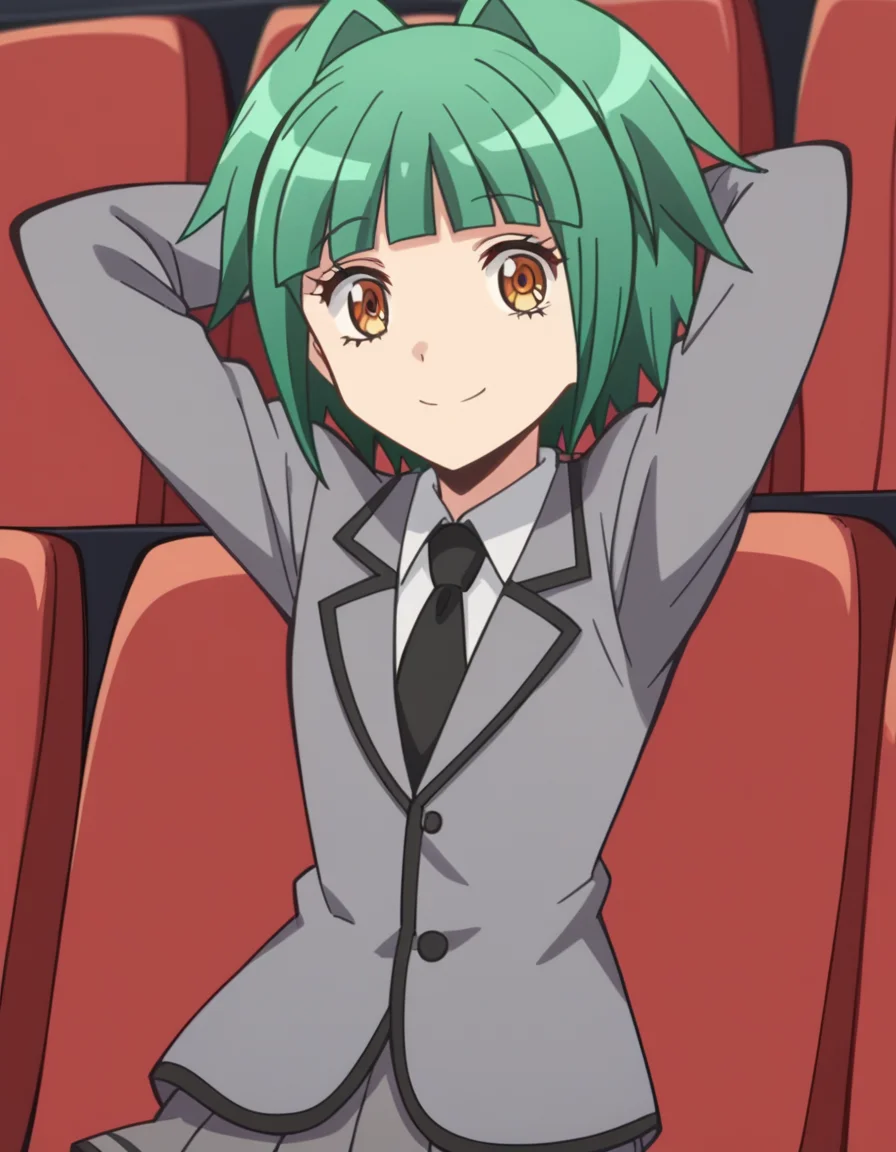 score_9, score_8_up, score_7_up, source_anime, <lora:kaede-kayano-s1s2-ponyxl-lora-nochekaiser:1>, kaede kayano, short hair, bangs, brown eyes, yellow eyes, green hair, hair intakes, anime screencap,, blazer, grey blazer, school uniform, pleated skirt, necktie, grey skirt, black necktie, white shirt, collared shirt, long sleeves,, movie theater, screen, seats, popcorn, film, smile, hands behind head,, looking at viewer, solo,, dutch angle, cowboy shot