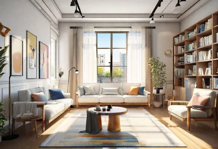 front view, anime-style, modern-style interior, with white walls and large windows, Nordic-style furniture, a  study, Sofa, coffee table, bookcase, single wall, 
warm light morning sun, (the view of the city)