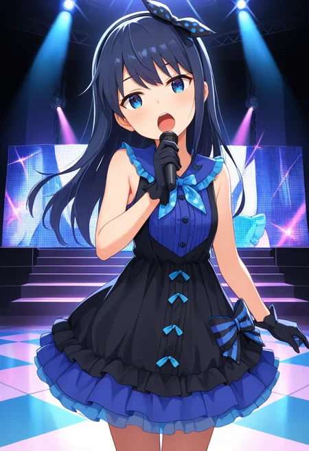 masterpiece, best quality, absurdres, very aesthetic, general, 1girl, mtmdef, verbena, dark blue hair, hair band, hair bow, blue eyes, long hair,  gloves, singing, stage, head tilt,  looking at viewer,  <lora:ILmutsumiAGA:0.7>