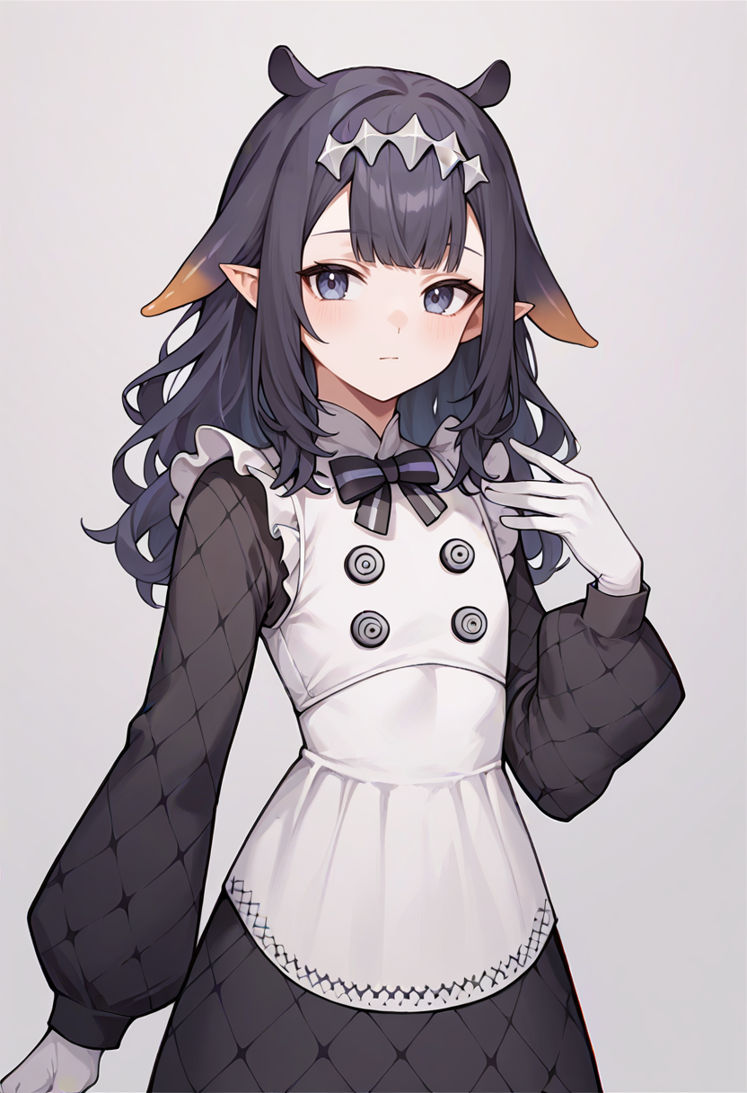 score_9,score_8_up,score_7_up,score_6_up,score_5_up,score_4_up,
1girl, ninomae ina'nis, virtual youtuber, long hair, curly hair, sidelocks, hair flaps, flat chest, pointy ears, black short dress, long sleeves, white frilly apron, white gloves, grey headpiece,
solo, cowboy shot, simple background, grey background, closed mouth, looking at viewer, standing,
<lora:inaponyxl9:1>