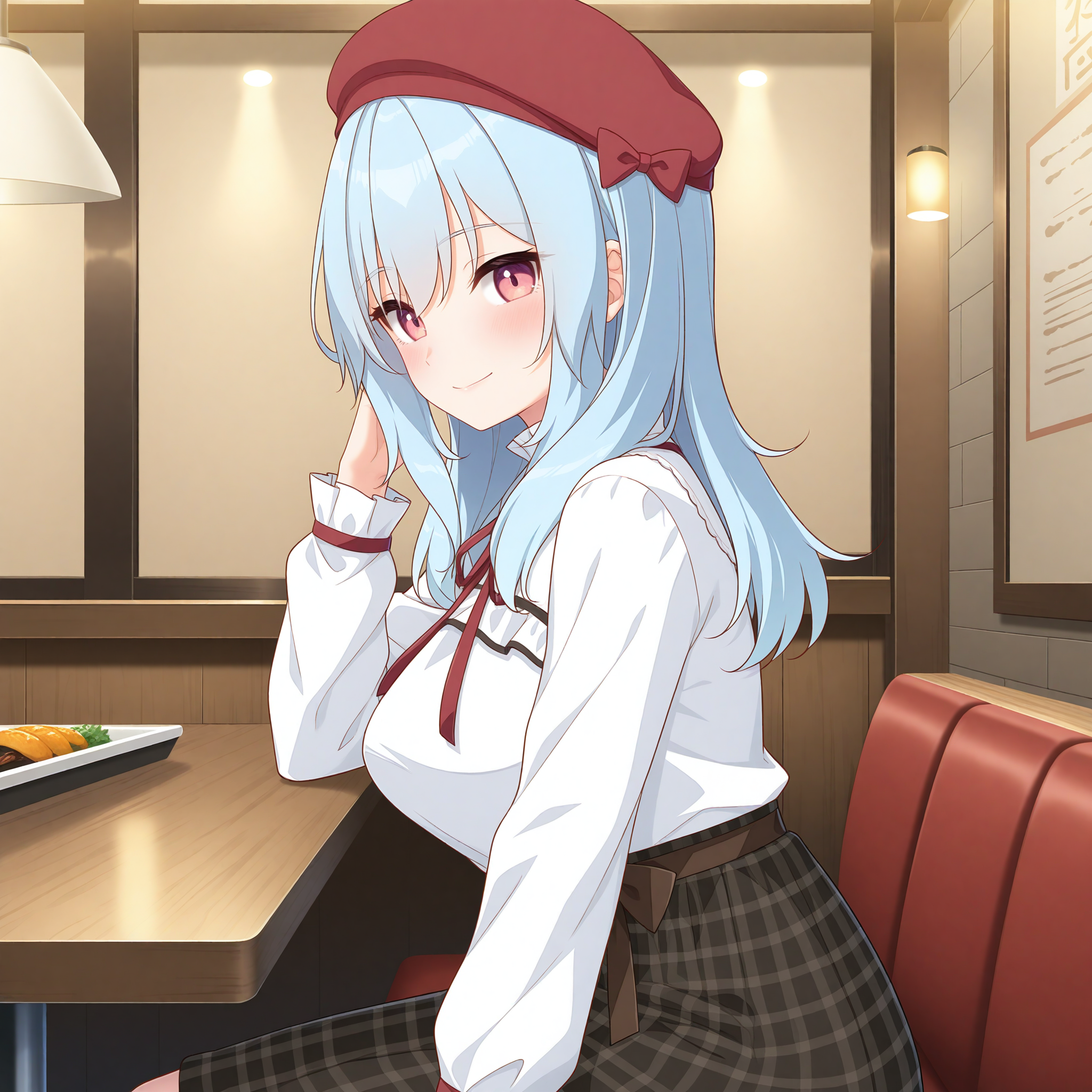 <lora:Karakuchi_Hibana_1_nai-000043:1>,Karakuchi Hibana,
red beret,hat bow,red bow,long sleeves,plaid skirt,white shirt,red ribbon,neck ribbon,frilled shirt,waist ribbon,brown ribbon,high-waist skirt,shirt tucked in,brown skirt,
BREAK
1girl,solo,sitting,restaurant,from side,looking at viewer,smile,blush,hand in own hair,