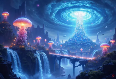aidmaMJ6.1, aidmaimageupgrader, A surreal, hyper-detailed depiction of a colossal floating city built on the backs of massive, luminescent jellyfish drifting through a sky filled with cascading waterfalls. The city features translucent, glowing structures that pulse with shifting colors, connected by delicate, shimmering bridges that sway as the jellyfish glide. Above, the sky is a kaleidoscope of swirling galaxies, their light reflecting off the endless waterfalls that vanish before reaching the ground. In the air, crystalline dragonfly-shaped airships hover gracefully, their radiant wings sparkling with energy. The atmosphere teems with bioluminescent wildlife, including floating manta rays and glowing butterflies, leaving trails of light as they move. At the heart of the city, a spiraling tower of glowing crystal vines rises, crowned by a pulsating orb of energy that illuminates the entire surreal scene. A breathtaking blend of underwater magic and celestial wonder, defying all natural laws.