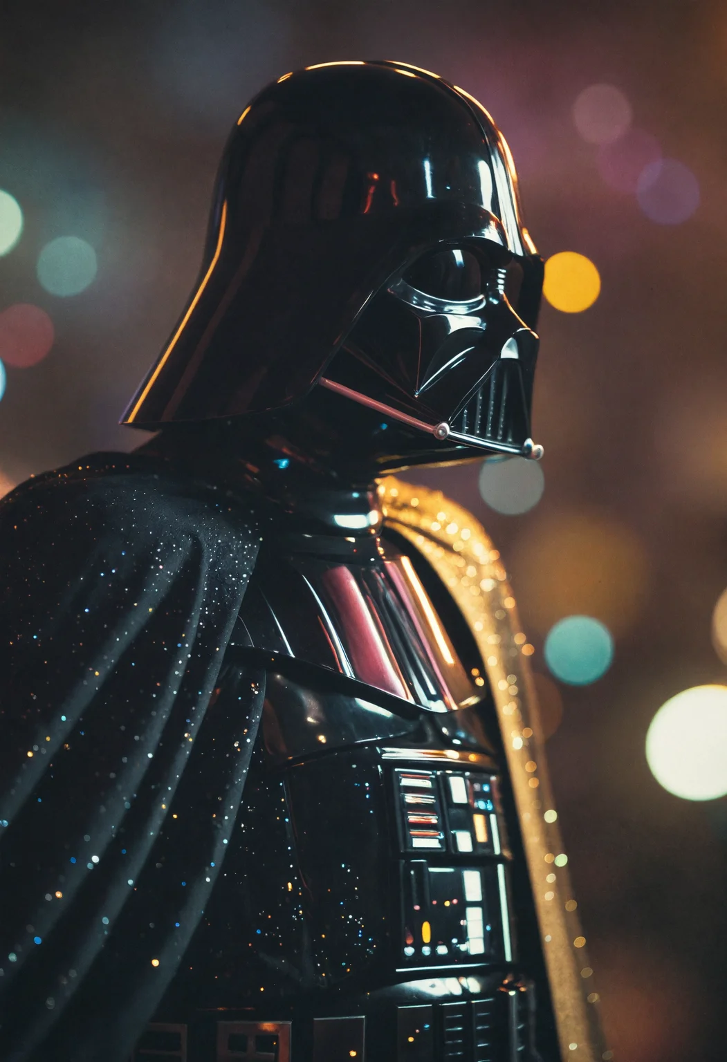 Darth Vader dressed in his iconic black armor and cape. The cape is a glittering black fabric, shimmering effect. He is looking down as if he's sad. Film grain, faded colors, vintage, blurry background, bokeh, party, shades of pink, yellow, and blue