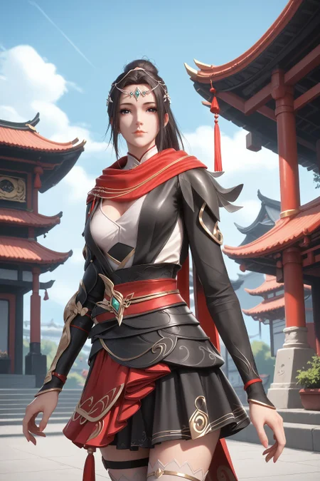 score_9, score_8_up, score_8, source_real,real skin, rating_explicit, ExpresiveH, best quality, unreal engine,game,cg, very aesthetic, CG, masterpiece, ultra high res, highres, More Details, high rating,Intricate and refined delicate details, looking at viewer,
<lora:age_slider_v4:4>,
<lora:zhuqianning:1>, 1girl, solo, red scarf, ponytail, skirt, hair ornament, black hair, long hair, dress, closed mouth, blue sky, sky, outdoors, east asian architecture,