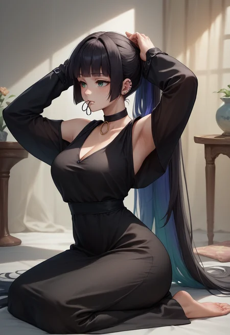 score_9, score_8_up, score_7_up, <lora:Hoseki_BocchiTheRock_Pasan_PDXL_v2:0.8> pasan, colored inner hair, large breasts, ear piercing, chin piercing, hime cut, choker, black dress, long dress, shoulder cutout, sleeves past fingers, arms up, ponytail, tying hair, adjusting hair, kneeling, <lora:TyingPonytail_pdxl_Incrs_v1:1>, mouth hold, hair tie in mouth