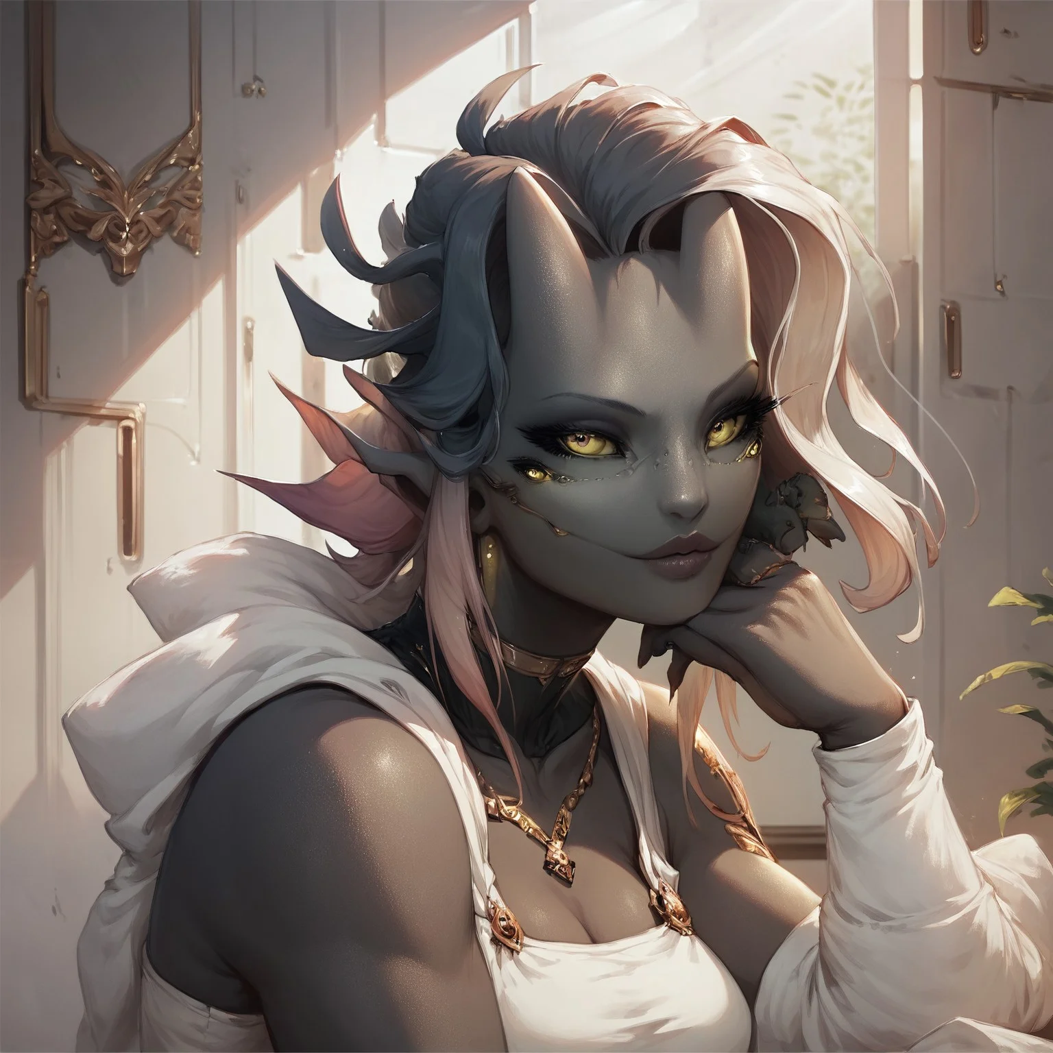safe_pos, safe_pos, safe_pos, score_9, score_8_up, score_7_up, Zamite, four eyes, horns, high resolution, aesthetic art, black skin, tomboy, cloth, breasts, tattoos, seductive, Stockings, detailed room,
