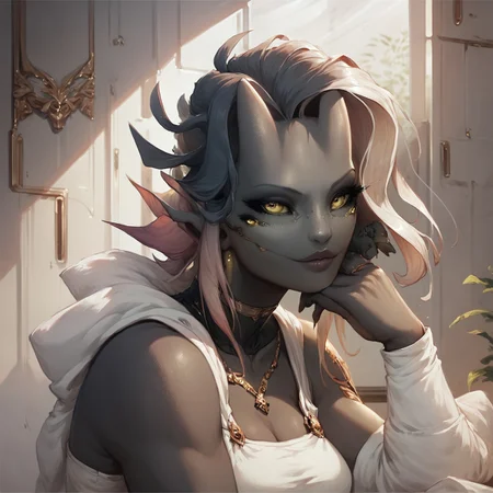 safe_pos, safe_pos, safe_pos, score_9, score_8_up, score_7_up, Zamite, four eyes, horns, high resolution, aesthetic art, black skin, tomboy, cloth, breasts, tattoos, seductive, Stockings, detailed room,