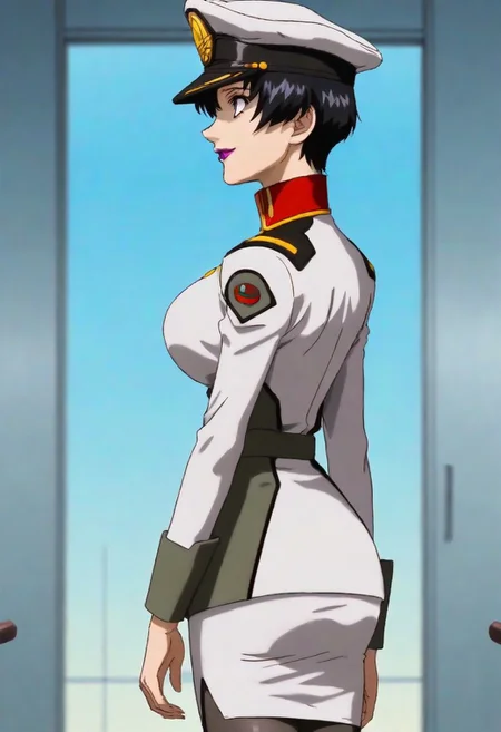 score_9, score_8_up, score_7_up, zPDXL3, Expressiveh, source: anime, anime screencap, anime coloring, natarle, 1girl, solo, blue sky, purple eyes,black hair,short hair, purple lips, perfect face, detailed face, perfect lips, ultra-detailed eyes, detailed hair, (perfect anatomy, perfect proportions), large breasts, ultra-narrow waist, ultra-fit figure, ultra-flared hips, ultra-round ass, butt crack, tight ass, shapely legs, peaked cap, military uniform, skirt, pantyhose, boot, indoors, detailed backgrounds, science fiction, naval warship interior, modern warship, narrow corridors, walking, parted lips, beaming smile, happy, elated, looking into the distance, looking forward, viewed from side