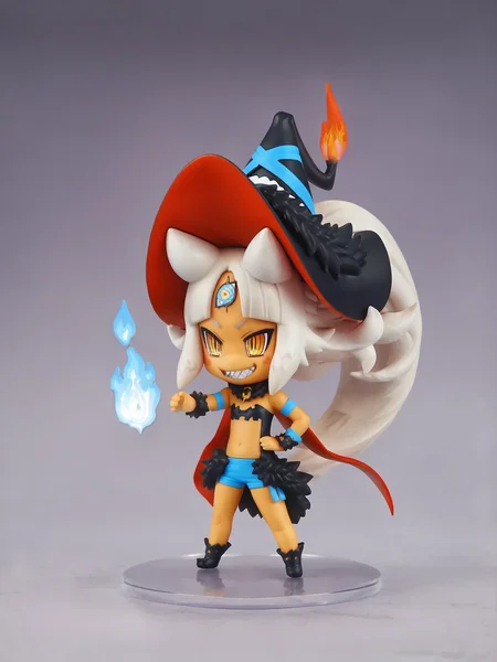 score_9, score_8_up, score_7_up, source_anime, BREAK, 1girl, <lora:Chelka_PDXLv0.2:0.7> chelka, sharp teeth, long hair, figure, chibi, witch hat, red cape, blue fire, pyrokinesis, flame, blue shorts