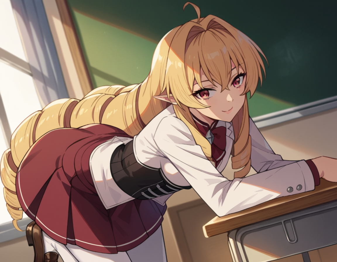 score_9, score_8_up, score_7_up, source_anime,
elinalisedragonroad, <lora:elinalise-dragonroad-s2-ponyxl-lora-nochekaiser:1>,
elinalise dragonroad, long hair, blonde hair, very long hair, ahoge, pointy ears, drill hair, red eyes,
skirt, long sleeves, pantyhose, frills, shoes, red skirt, loafers, white pantyhose, blazer, white blazer, corset, black corset,
indoors, classroom, bent over, smile,
looking at viewer, dutch angle, cowboy shot,