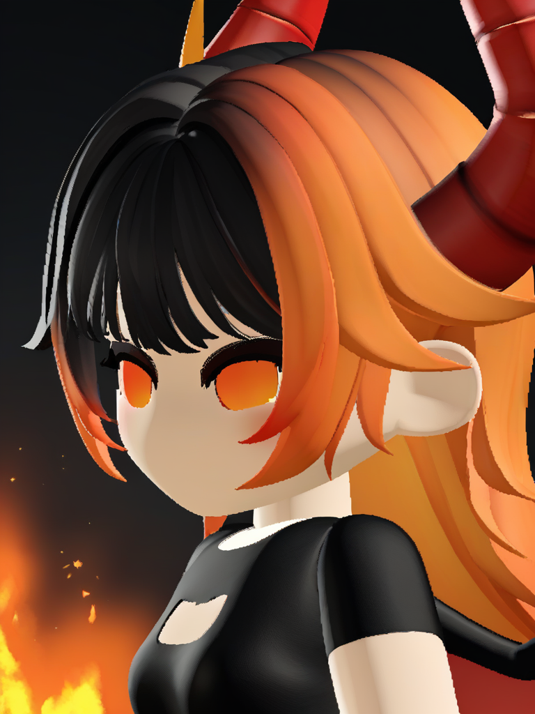 (score_9,score_8_up,score_7_up), source_anime, 3d, chibi, roblox, solid cirle eyes, red eyes, orange eyes, (gradient eyes), no mouth, blush, black hair, 1girl, upper body, multicolored hair, black hair, orange hair, black demon horns, (fire), bat wings, burning horns, black outfit, close up, side view, looking at viewer, medium breasts,
black background, gradient background between black and red, simple background
