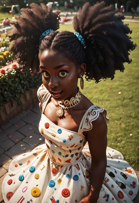 score_9, score_8_up, score_7_up, score_6_up, score_5_up, score_4_up, a highly detailed painting, 1 woman, black woman, dark skin, afro puff pigtails, makeup, fingernails, earrings, jewelry, high angle, an intricate crocheted dress in a mix of colors and patterns, sunny afternoon, birthday party at the park, excited<lora:Pony_XL_Colorful_Box_Braids> <lora:Black_Woman_v3-000006> <lora:detailed_notrigger>