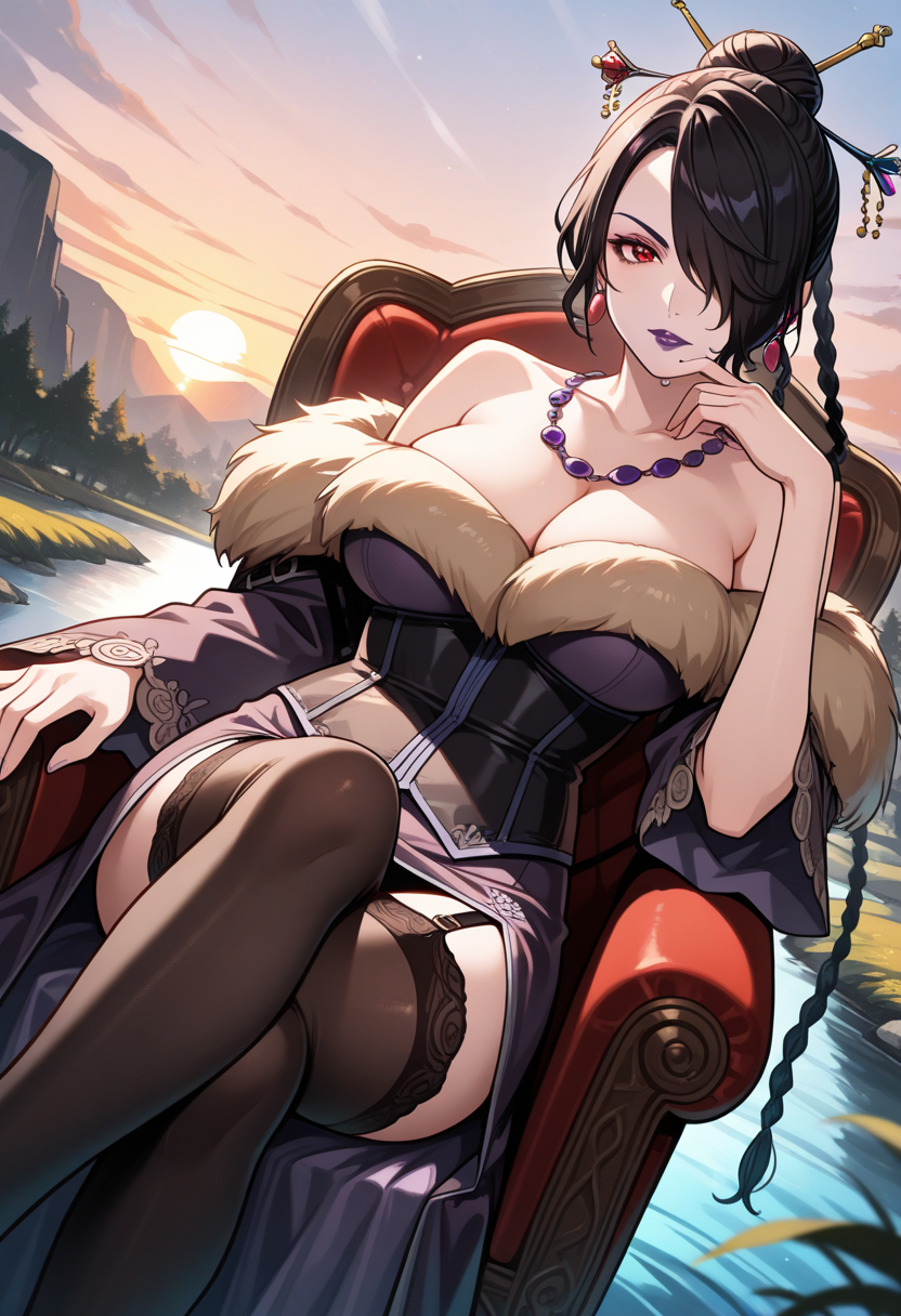 1girl,lulu,mature woman,slim body,purple lips,hair over one eye,black hair,single hair bun,braided ponytail,hair ornament,makeup,red eyes,mole under mouth,jewelry,earrings,large breasts,corset,off shoulders,fur trim,stockings,
Dutch angle,sitting in chair,reclining,crossed legs,hand on chin,(looking at viewer:1.1),serious expression, eyes half-closed, teasing gaze,Hidden glade, glowing pond, surrounded by tall ferns,Sunset,Windy, strong, whirling,masterpiece, best quality <lora:Lulu_-_Final_Fantasy_X_-_Illustrious:1.0>