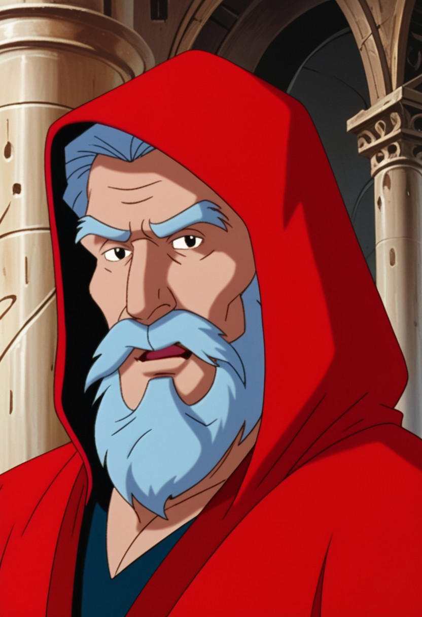 SCORE_9, SOURCE_RETRO, SOLO, HM2K, PORTRAIT, OLD MAN, HUGE BEARD, RED ROBE, HOOD UP, DARK, IN TEMPLE