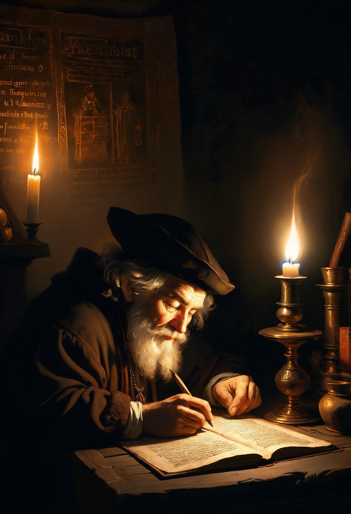 an alchemist is studying obscure arcane texts, candlelight, kaballist secrets, 8k, masterpiece, highly detailed, deeps darks, play of shadow and light, high contrast, art by Rembrandt van Rijn