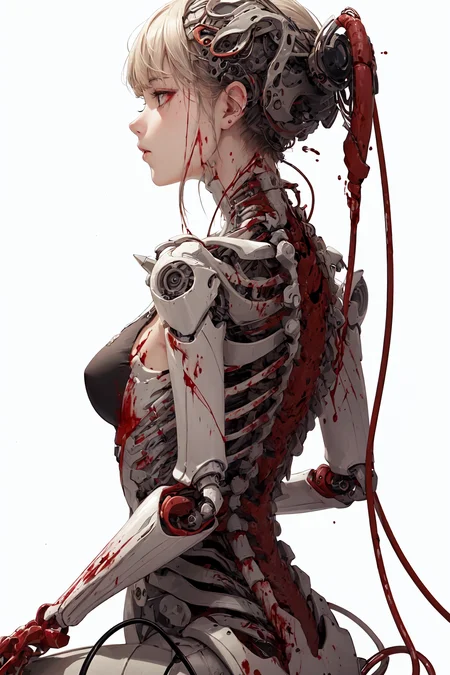 (masterpiece, top quality, best quality, official art, beautiful and aesthetic:1.2), (1girl:1.3), extreme detailed,colorful,highest detailed ((ultra-detailed)), (highly detailed CG illustration), ((an extremely delicate and beautiful)),(from side),cinematic light,((1mechanical girl)),solo,full body,(machine made joints:1.2),((machanical limbs)),(blood vessels connected to tubes),(mechanical vertebra attaching to back),((mechanical cervial attaching to neck)),(sitting),expressionless,(wires and cables attaching to neck:1.2),(wires and cables on head:1.2)(character focus),science fiction,white background,(blood:1.5)