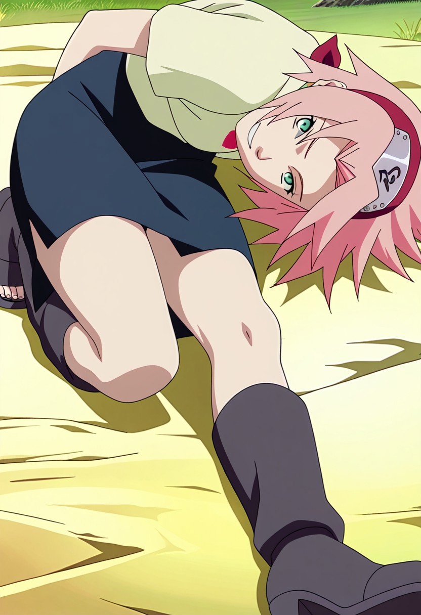 source_anime, masterpiece, best quality, amazing quality, anime screencap, high quality, 8k, absurdres, official style, 1girl, solo, <lora:Sakura_Haruno_iL:1>, 54kur4 h4run0, pink hair, green eyes, short hair, looking at viewer, casual outfit, jacket, short sleeves, yellow sleeves, skirt, blue skirt, boots, grey boots, heels, heeled boots, smile, teeth, forehead protector, konohagakure symbol, lying down, on back
