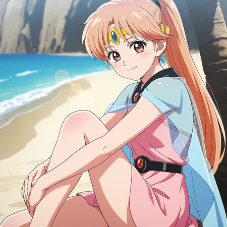 <lora:leona_1_nai-000065:1>,anime coloring,
leona,orange hair,brown eyes,
ponytail,pink dress,short dress,blue cape,off-shoulder dress,gold circlet,see-through cape,black belt,
1girl,solo,smile,looking at viewer,sitting,beach,knee up,from side,hugging own legs,depth of field,lens_flare,ocean,