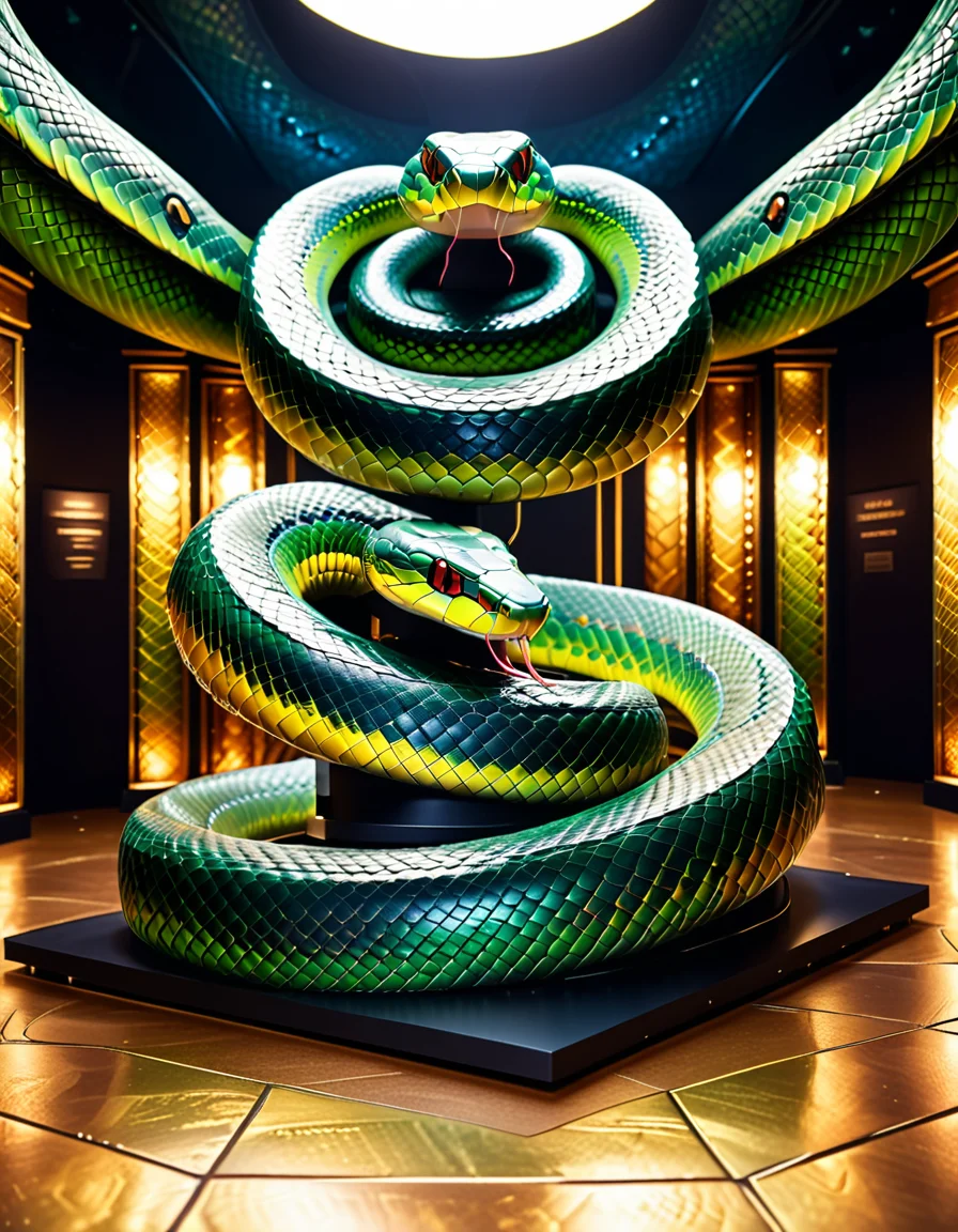 "A giant snake-shaped scale installation, with living, morphing scales on the weighing plates, each object placed altering the color and texture of the scales, revealing philosophical messages, surreal and mystical lighting in a dimly lit exhibition hall, hyper-detailed scales with intricate textures, profound and contemplative atmosphere, blending technology and symbolism." <lora:SDXLFaeTastic2400:0.4> <lora:extremely_detailed:0.4> extremely detailed, <lora:sn4ke:1>,sn4ke, Masterpiece,best quality,hi res,8k,hi res,8k,award winning,(sharp focus, intricate, highly detailed),