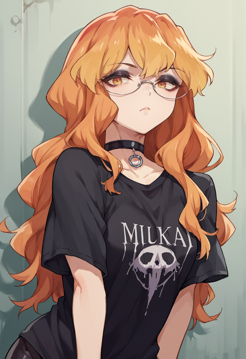 score_9, score_8_up, source_anime, 1girl, solo, SumikaChibana, long hair, glasses, black shirt, t-shirt, black choker, goth, eyeliner, eyeshadow, <lora:ChamSumikaChibanaPonyXL:1>