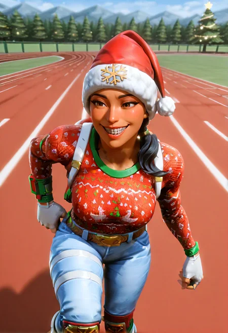 IllustriousQual <lora:StS-Illustrious-Detail-Slider-v1.0:2> <lora:cfg_scale_boost:0.3> detailed_background, running track <lora:Nog_Ops_IL_V1:0.8> NogOpsIL, santa hat, black hair, braid, brown eyes, dark skin, fingerless gloves, sweater, christmas sweater, red clothing, white clothing, snowflake print, belt, denim, thigh strap, knee guard, boots, reverse cowgirl position, (smiling (with teeth):1.2)