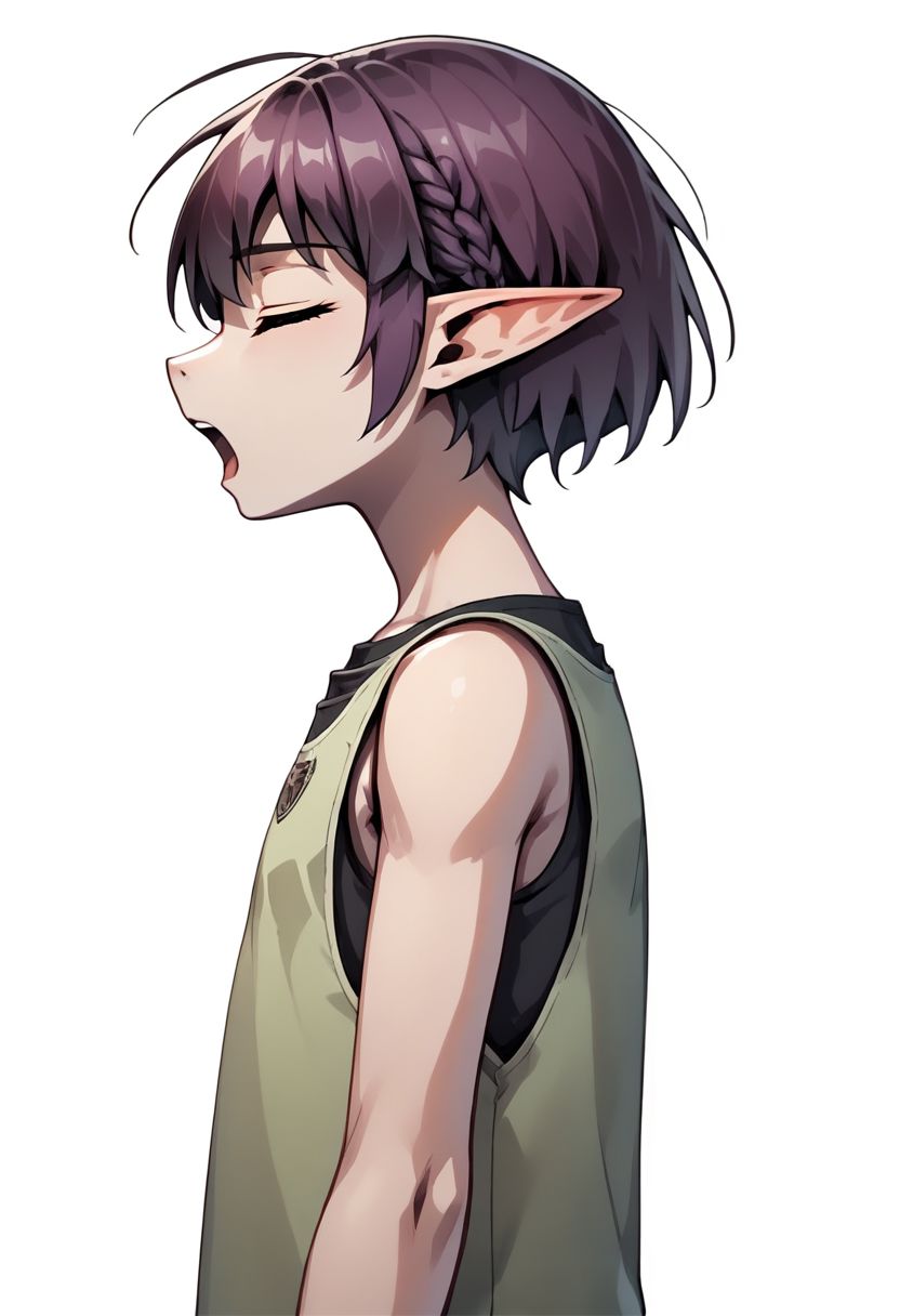 Lapanya, 1 person, solo, pointy ears, ((snout nose)):1.2, flat chest, small nostrils, short stature, skinny arms, ((closed eyes, singing, open mouth, arms overhead, dancing:1.2)), fair skin, ((dark lilac hair)), short hair, tomboy haircut, small nostrils, 3 fingers 1 thumb ((Sleeveless green vest, fitted black undershirt, black pantaloons, fully clothed)), dynamic view, side view
((Organic cavern background)):1.2, caveruinsPOV,  
clean lines, up close, upper body focus, highly detailed face, detailed background, high quality, best quality,  score: 9, score: 8 up, rating: safe