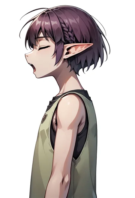 Lapanya, 1 person, solo, pointy ears, ((snout nose)):1.2, flat chest, small nostrils, short stature, skinny arms, ((closed eyes, singing, open mouth, arms overhead, dancing:1.2)), fair skin, ((dark lilac hair)), short hair, tomboy haircut, small nostrils, 3 fingers 1 thumb ((Sleeveless green vest, fitted black undershirt, black pantaloons, fully clothed)), dynamic view, side view
((Organic cavern background)):1.2, caveruinsPOV,
clean lines, up close, upper body focus, highly detailed face, detailed background, high quality, best quality, score: 9, score: 8 up, rating: safe
