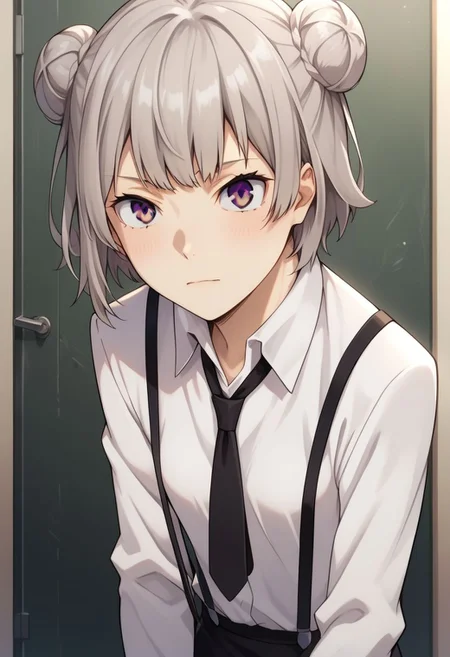 score_9, score_8_up, score_7_up, score_6_up, atsushi_nakajima, 1girl, solo, genderswap, female, koharu rikka, grey hair, purple eyes, short hair, double bun, white shirt, long sleeves, black necktie, suspenders, black pants, source_anime, best quality, masterpiece