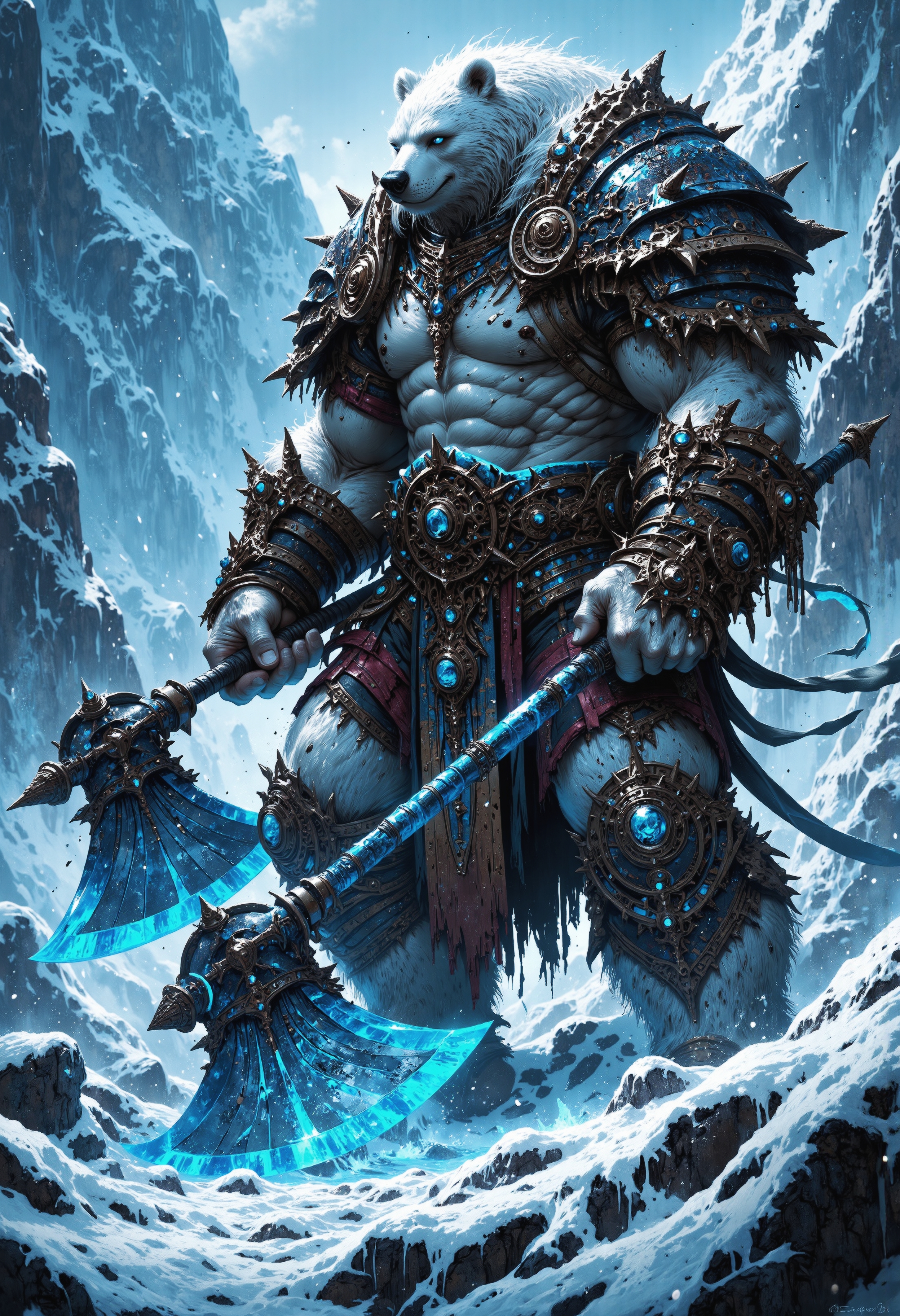 Hyperrealism, low-angle shot, cold, diffused lighting with a bluish tint, illuminating the hulking bear warrior clad in spiked, frost-covered armor. His muscular form covered in white fur, topped by a massive white bear head with glowing blue eyes, wields a massive double-bladed axe made of ice, frost vapor rising from its surface. His long fur, adorned with various talismans, flows in the wind as snow swirls around him. The backdrop features jagged, ice-encrusted mountains under a bleak, overcast sky, creating a foreboding arctic battleground.
Body full covered in white fur.
Bear warrior, huge ice axe, spiked armor, icy mountains, snowstorm.