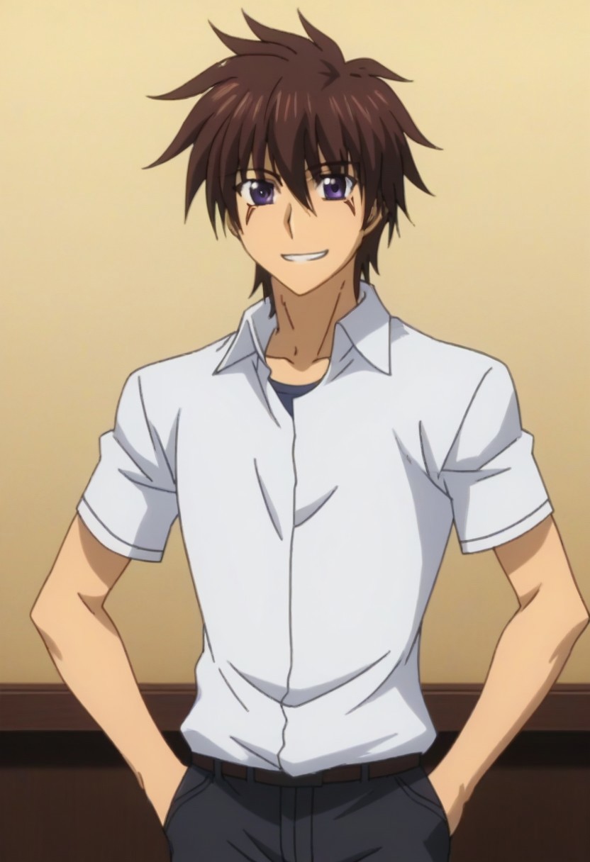 ((masterpiece)), ((best quality)), ((ultra-detailed)), score_9_up, score_8_up, score_7_up, HD, top quality, best quality, High-quality illustrations, anime screencap, perfect anatomy, 1boy, 1male, male anime character, anime boy, solo male, male focus, Akuto Sai, dark brown hair, blue-purple eyes, red markings under eyes, handsome, attractive, tall body, tall height, lean body, slim body, cowboy shot, wearing white polo shirt, short sleeves, tuck in shirt, happy, big smile, smile with teeth, hands on hips pose, easynegative, ng_deepnegative_v1_75t, neghands