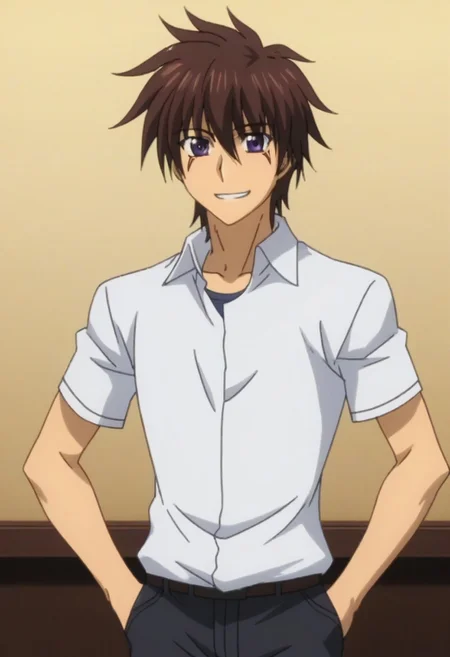 ((masterpiece)), ((best quality)), ((ultra-detailed)), score_9_up, score_8_up, score_7_up, HD, top quality, best quality, High-quality illustrations, anime screencap, perfect anatomy, 1boy, 1male, male anime character, anime boy, solo male, male focus, Akuto Sai, dark brown hair, blue-purple eyes, red markings under eyes, handsome, attractive, tall body, tall height, lean body, slim body, cowboy shot, wearing white polo shirt, short sleeves, tuck in shirt, happy, big smile, smile with teeth, hands on hips pose, easynegative, ng_deepnegative_v1_75t, neghands