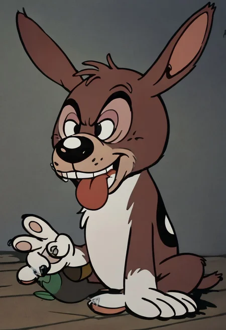 (score_9 | score_8_up | score_7_up) ((masterpiece:1))(best quality,very high quality,ultra detailed:1.2) (2D,cartoon style,anime style)(Smooth:2)(clean blurring) (four fingers on each hand,one thumb on each hand:1), solo, charles, dog, black spot on left eye, white fur, paw, dog paws, donkey dog hybrid, Full Donkey, half donkey, donkey head, donkey ears, donkey tail,