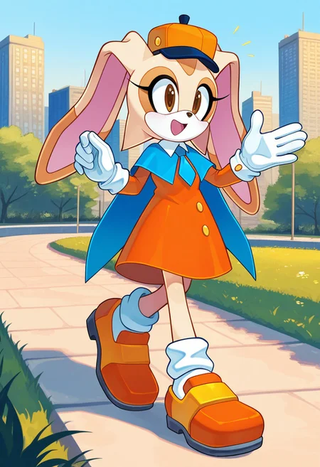1girl, solo, <lora:Candleyy:1> , standing, one hand waving, joyful laugh, bright expression, carefree energy,
<lora:Jewel-IL:0.8> blue cape,Cream the rabbit, 1girl, solo, anthro, furry, female, furry female,animal nose,
orange dress, blue necktie, orange and yellow_shoes, white socks, white gloves, gold buttons, white collar,orange shoes
, capelet,  felt hat, extremely detailed, highres, masterpiece, best quality, outdoor, grass, sean, walking, city, early morning,