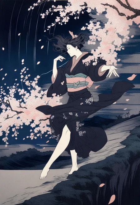 cherry blossoms in a dark storm, light and shadow, a girl in kimono and dancing, cherry petals flying in the air, wind and rain, lightning, dynamic angle, (best quality), woodcuts, highly detailed, KHsty-XL <lora:KHsty-XL-v3-AN:0.7>