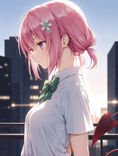 masterpiece,best quality,newest,
1girl,solo,
<lora:momo_ilxl_v2.4:1>,momo,pink hair,purple eyes,short hair,low twintails,white flower hair ornament,demon tail,
m_clothes,green bowtie,
short sleeve shirt,demon tail,<lora:Fixhands_anime_bdsqlsz_V1:1>,city,expressionless,looking_away,voyeur,profile,from_back,