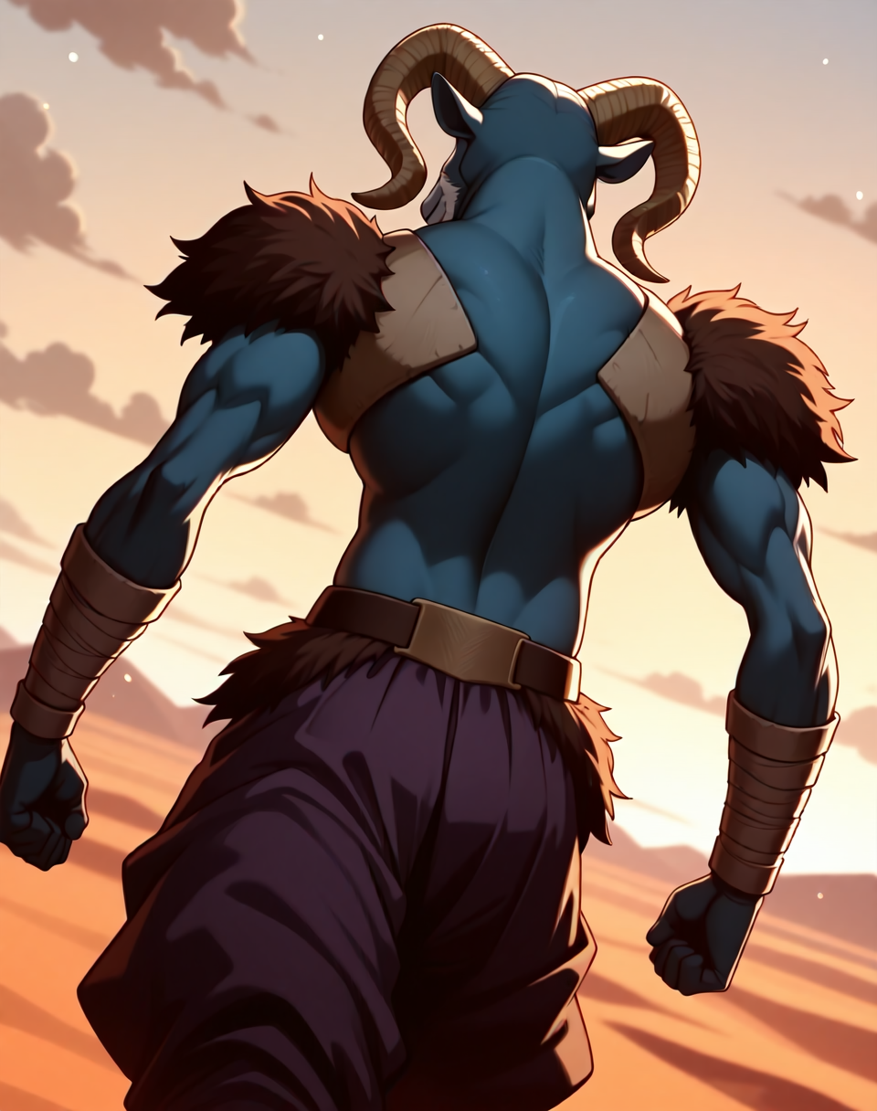 <lora:Moro_2nd_Form_(Dragonball_Z)_(Illustrious)_(AD):1.5> Moro, muscular, goat,
dutch angle, exterior, desert, sky with detailed clouds,
male focus, gradient coloring, solo, cowboy shot, bent leg, perfect proportions, goat head, blue body, soft shading, evil smirk, old, wrinkles, white beard, back view, butt, brown fur pauldrons, brown fur waist, , 
BREAK very awe, aesthetically pleasing, masterpiece, best quality, amazing quality, very aesthetic, perfect depth of field shot, in'ei, furry_art, source_furry, source_anime,
EZRealPONYXL, zPDXL, Smooth Quality, lazympos, IllustQualXL_Pos,
