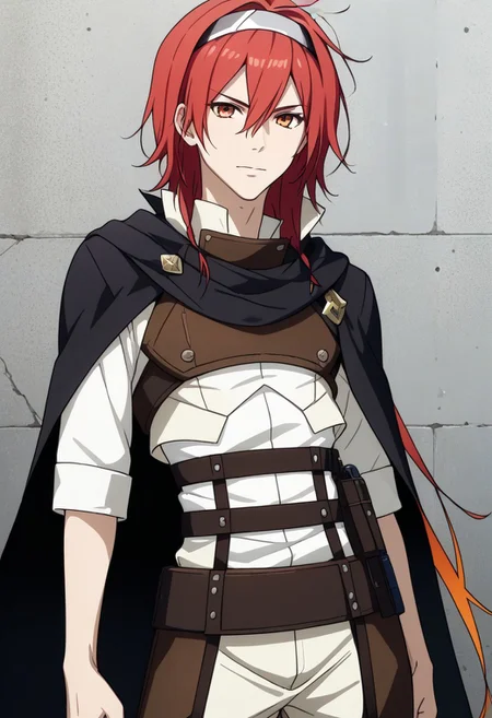 ((masterpiece)), ((best quality)), ((ultra-detailed)), ((absurdres)), score_9_up, score_8_up, score_7_up,
HD, top quality, best quality, amazing quality, High-quality illustrations, anime screencap, source_anime, best aesthetic, perfect proportions, perfect eyes, 1boy, 1male, solo boy, solo male, male focus, solo male focus, Anime, boy, male anime character, anime boy, handsome, sexy, cute, charming, ((tall body, tall height)), ((slender body, slim body, lean body)), Adlet Myer, gradient hair: red hair to orange, very long hair, tied sidelocks, metal plate headband, orange eyes, white shirt, leather pad, black cape, leather belt straps, ((cowboy shot)), Expressiveh, masterpiece, best quality, very aesthetic, absurdres, easynegative, updn