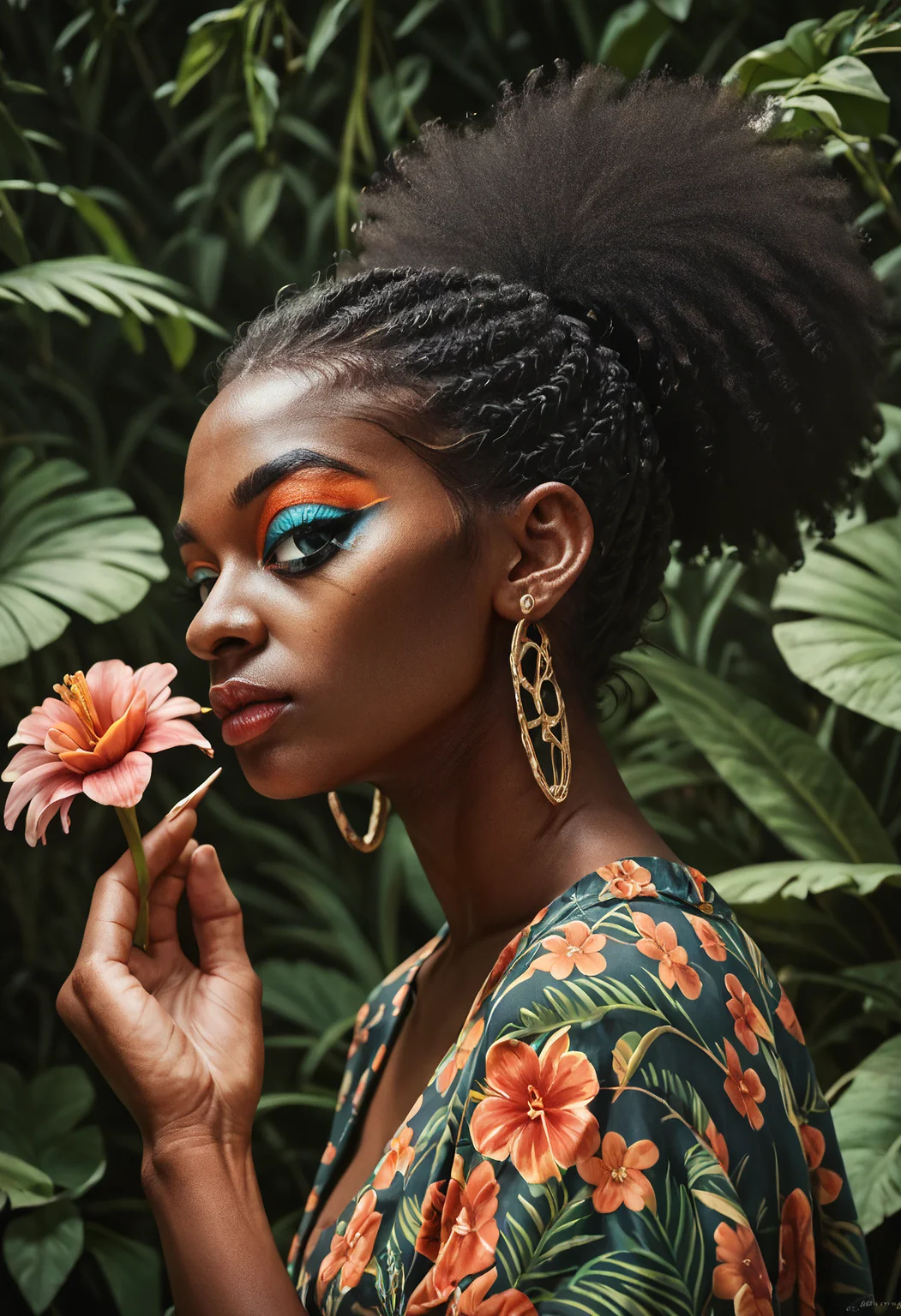 score_9, score_8_up, score_7_up, score_6_up, score_5_up, score_4_up, a highly detailed painting of a black woman, 1 woman, black woman, dark skin, 40 years old, afro puff ponytail, (light natural looking makeup:1.4), fingernails, earrings, jewelry, sunny afternoon, beautiful intricate tropical flower pattern dress, outdoor college graduation ceremony, side view, looking at the viewer<lora:lukethighwalkerneonponyv6> <lora:Black_Woman_v3-000006> <lora:detailed_notrigger>