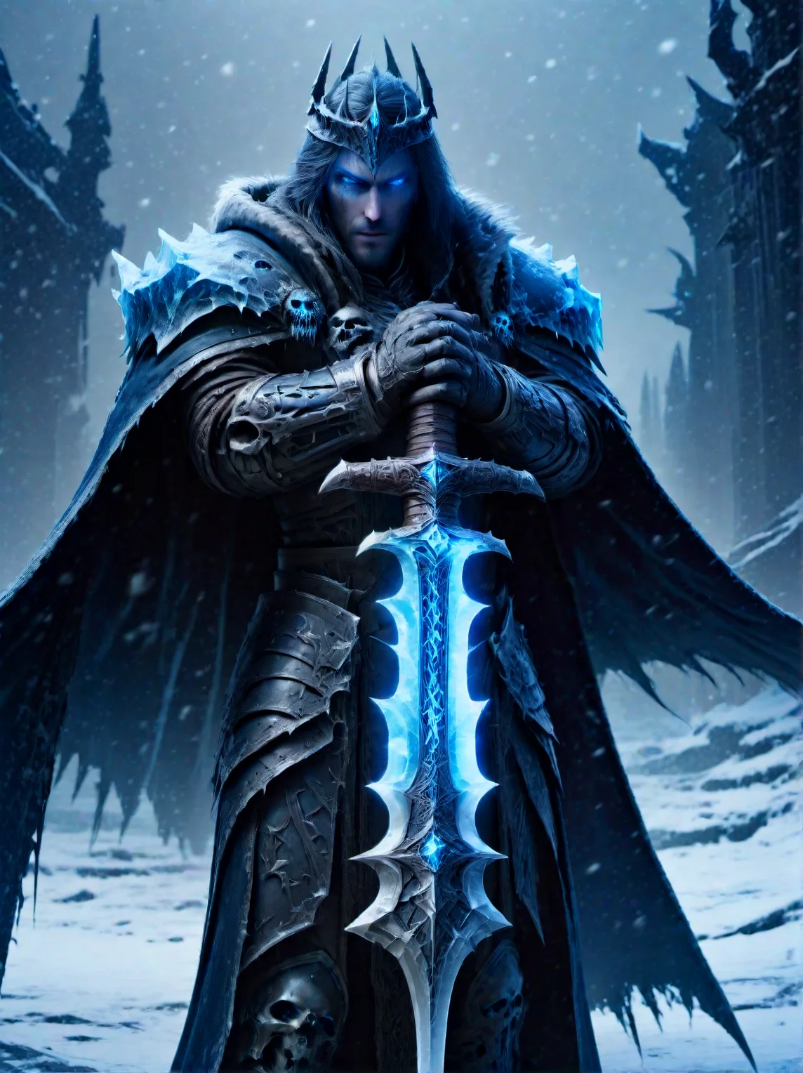 absolutely Epic embodiement of dark emperor,holding a sword made of ice,blue glowing eyes,general,warlord,full body,cloak,cinematic,realistic,masterpiece,awardwinning,16k,(in the style of aleksi briclot:1.7),(russ mills,ryan hewett:1.2),combat mode,cinematic,glowing,trending on artstation,huge shoulderpads,snowing,deathknight style,<lora:deathknightsyleXL_v1-step00000450:0.8>