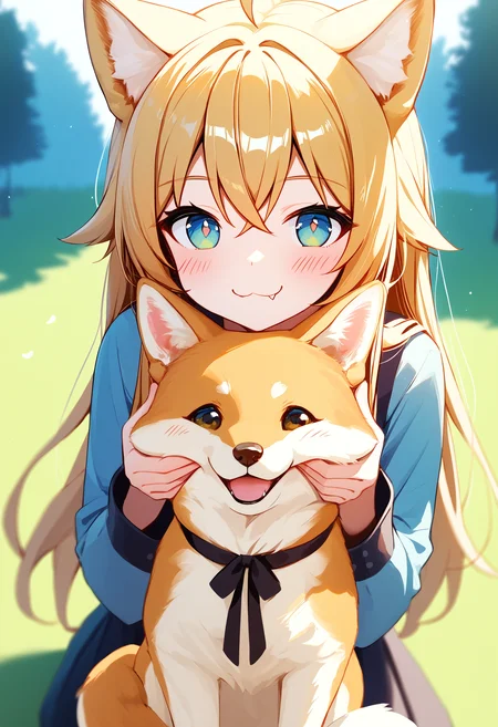 shiba inu, 1girl, animal ears, dog, animal ear fluff, cheek pinching, blonde hair, looking at viewer, pinching, fang, long sleeves, animal, blush, cheek pull, long hair, smile, solo, ahoge, :3, hair between eyes, holding dog, outdoors,
absurdres, score_9, score_8_up, score_7_up, score_6_up, best quality, masterpiece, very aesthetic <lora:dog_girl_concepts_v1.2:1>