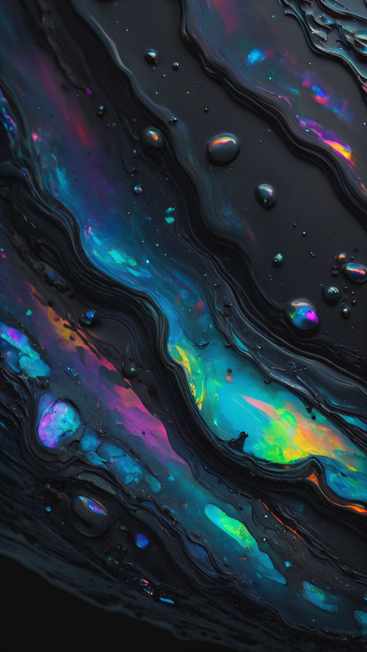 Iridescent opal style, macro, concept art, masterpiece, fulcolor, dark noir, muffled light, realistic, soft shadows, best quality, hyper detailed, 4k.