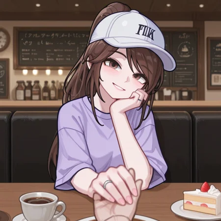 masterpiece,best quality,amazing quality, Gacha, Fiplka89, Fiplka89Gacha, girl, brown hair, ponytail, long hair, brown eyes, pale purple shirt, white cap, pale purple shorts,
pov across table, cafe, coffee, cake, indoors, wedding ring, head tilt, pov hands, holding hand, nails, blurry foreground, happy smile,